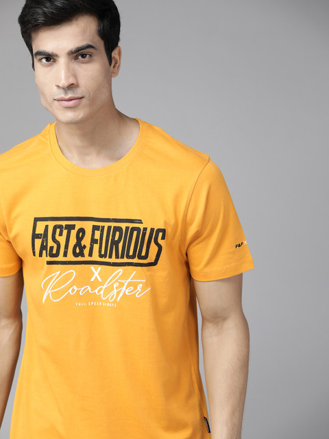 

Roadster Men Fast and Furious Yellow Printed Graphic Pure Cotton T-shirt, Mustard