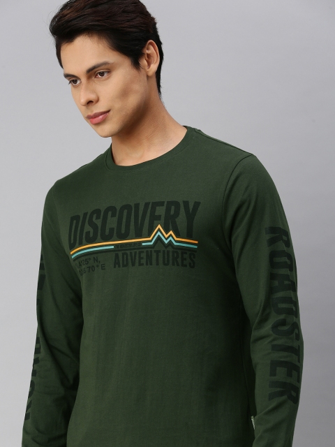 

Roadster X Discovery Adventures Men Olive Green Typography Printed Pure Cotton T-shirt