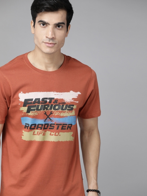 

Roadster Men Fast and Furious Rust Printed Graphic Pure Cotton T-shirt