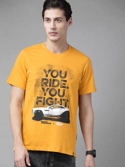 

Roadster Men Mustard Yellow Fast & Furious Printed Pure Cotton T-shirt