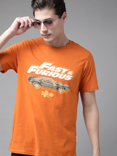 

Roadster Men Orange Fast & Furious Printed Pure Cotton T-shirt