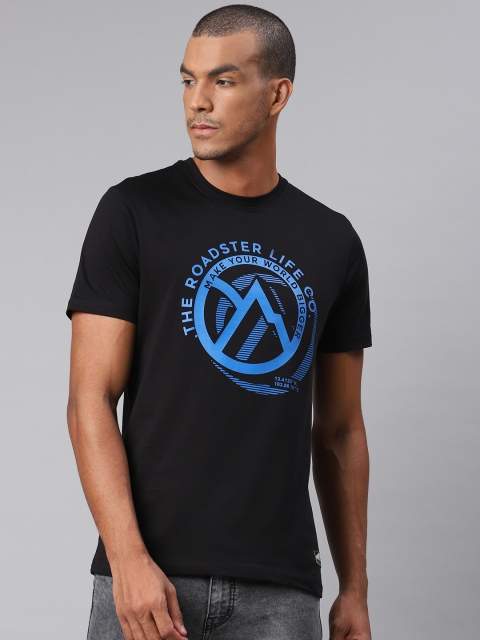 

Roadster x Discovery Adventures Men Black Blue Cotton Pure Cotton T-shirt with Anti Microbial Finish