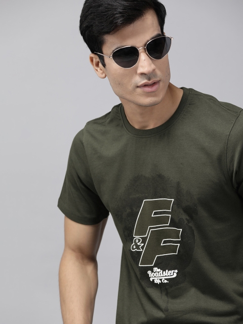 

Roadster Men Fast and Furious Olive Printed Graphic Pure Cotton T-shirt