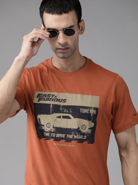 

Roadster Men Rust Orange & Black Pure Cotton Printed T-shirt