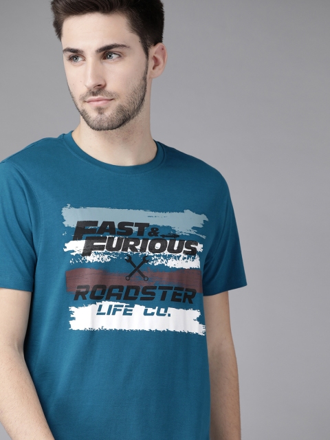 

Roadster Men Teal Blue & Black Pure Cotton Typography Printed T-shirt