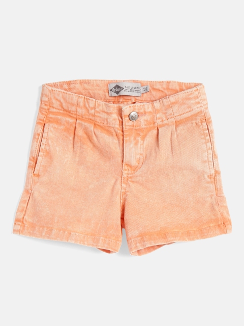 

Lee Cooper Girls Coral Orange Washed Regular Fit Front-Pleated Denim Shorts