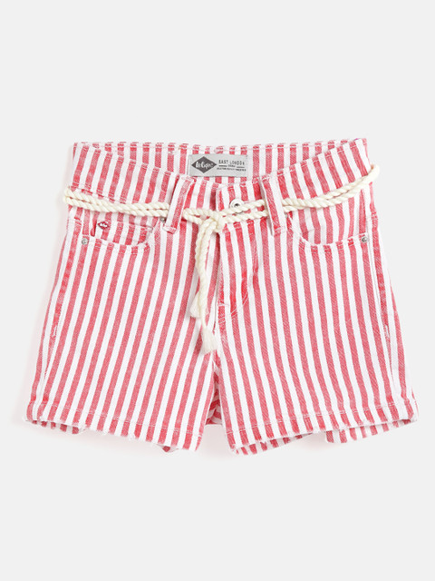 

Lee Cooper Girls Pink & White Striped Mid-Rise Denim Shorts with Belt