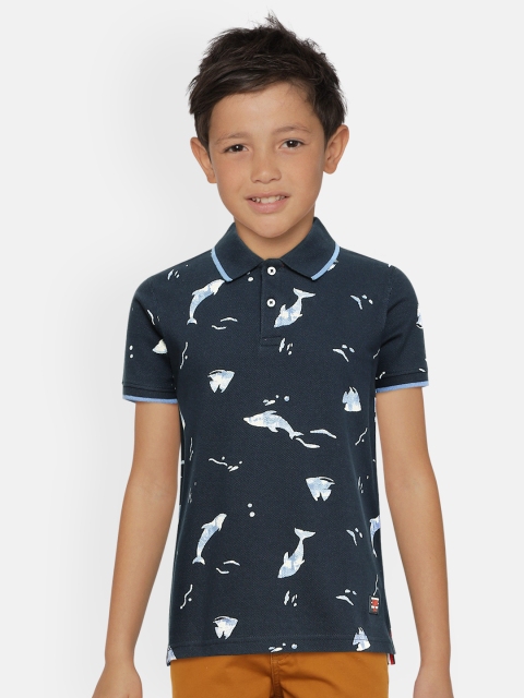 

Lee Cooper Boys Navy Blue Printed Pure Cotton Polo Collar T-shirt