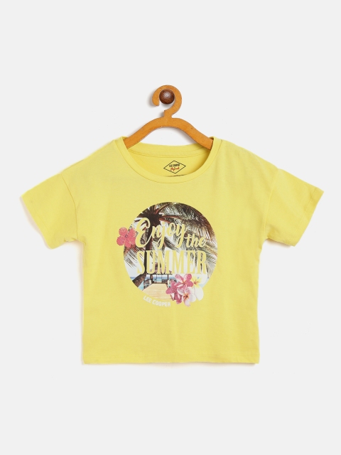 

Lee Cooper Girls Yellow Brown Typography Printed Pure Cotton T-shirt