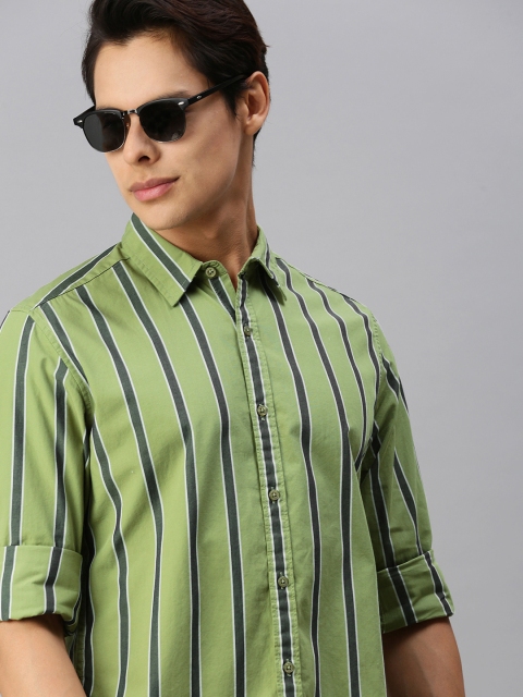 

Harvard Men Olive Green & White Striped Casual Shirt