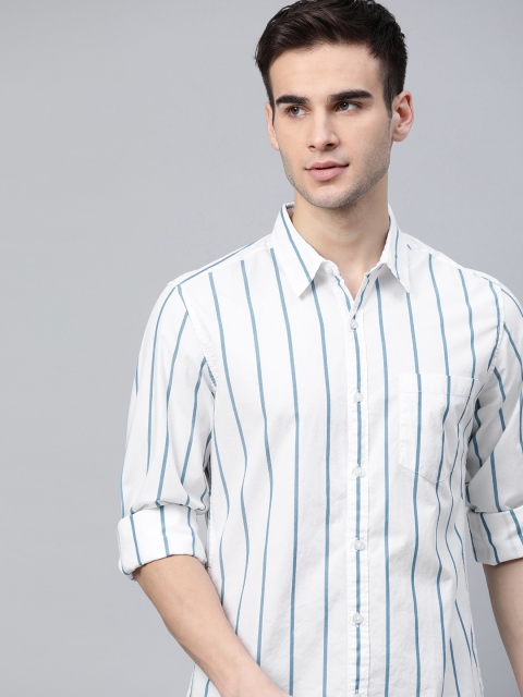 

Harvard Men White & Teal Blue Pure Cotton Striped Casual Shirt