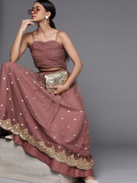 

Inddus Women Mauve & Golden Ruched Top with Embroidered Skirt