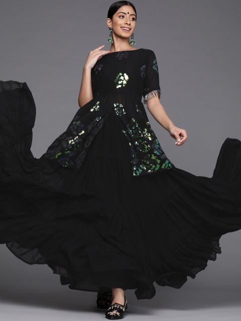 

Inddus Women Black Sequinned Top with Tiered Skirt