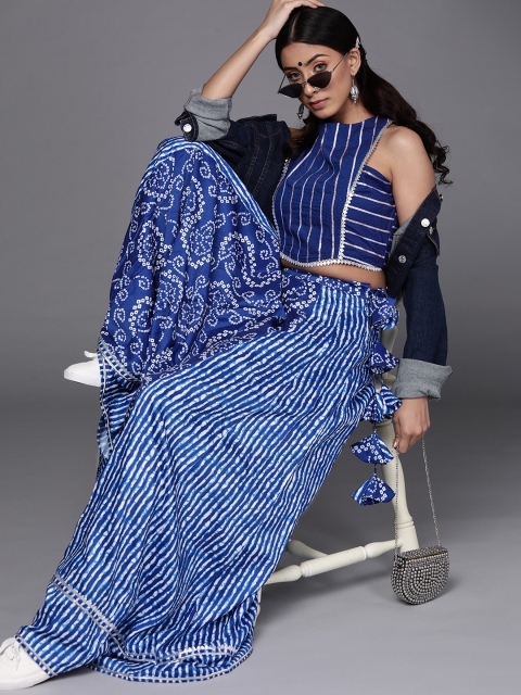 

Inddus Women Navy Blue & White Striped Top with Bandhani Print Skirt