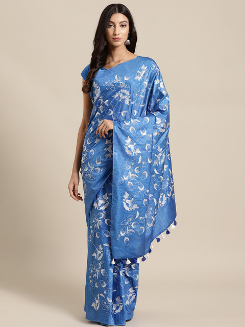 

Kalakari India Blue & White Silk Blend Embroidered Bhagalpuri Saree