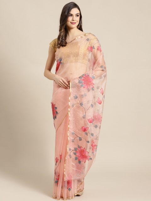 

Kalakari India Peach-Coloured & Pink Organza Printed Handloom Saree
