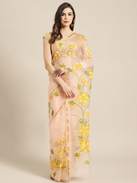 

Kalakari India Peach-Coloured & Yellow Organza Printed Handloom Saree