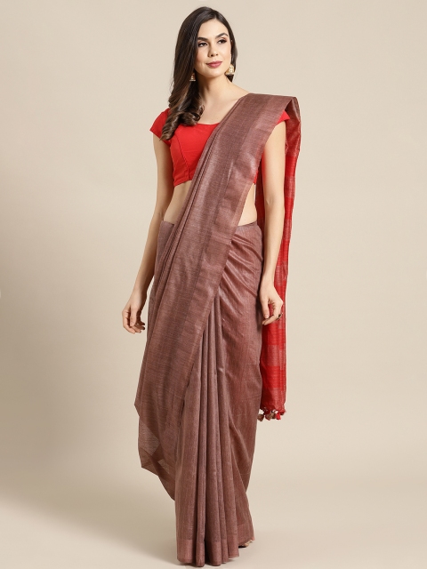 

Kalakari India Brown & Red Silk Blend Solid Handloom Saree