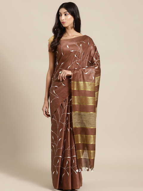 

Kalakari India Brown & Golden Silk Blend Embroidered Bhagalpuri Saree