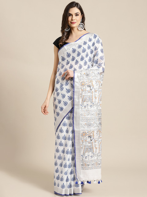 

Kalakari India Grey & Blue Printed Bhagalpuri Handloom Saree