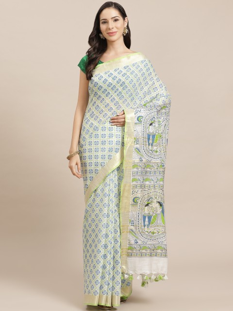 

Kalakari India Off-White & Green Linen Blend Kalamkari Print Handloom Bhagalpuri Saree