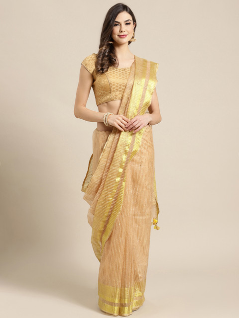 

Kalakari India Beige & Golden Self-Striped Bhagalpuri Handloom Saree