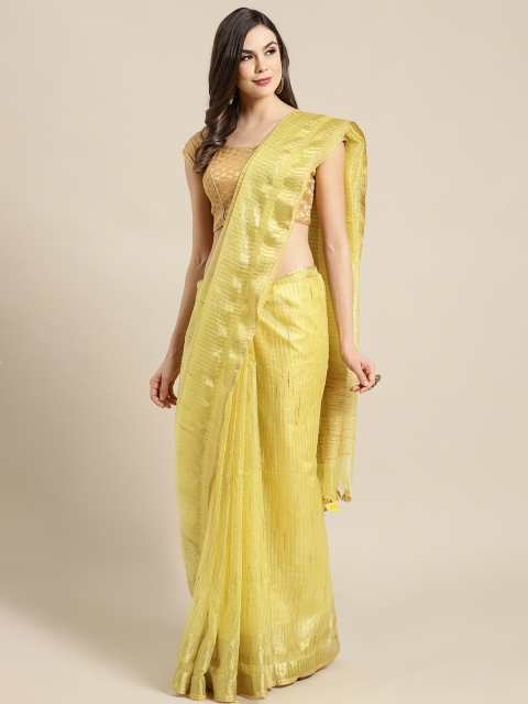 

Kalakari India Yellow & Golden Self-Striped Bhagalpuri Handloom Saree