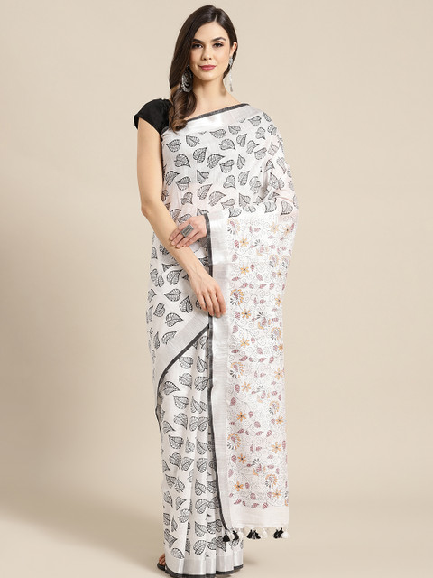 

Kalakari India White & Black Handloom Printed Bhagalpuri Saree