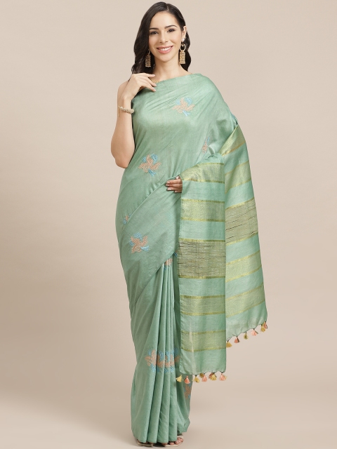 

Kalakari India Green & Coral Pink Embroidered Handloom Bhagalpuri Saree