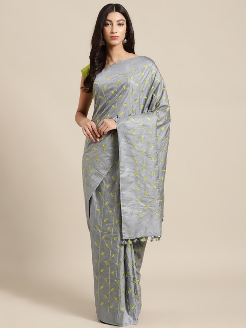 

Kalakari India Grey & Yellow Embroidered Bhagalpuri Handloom Saree