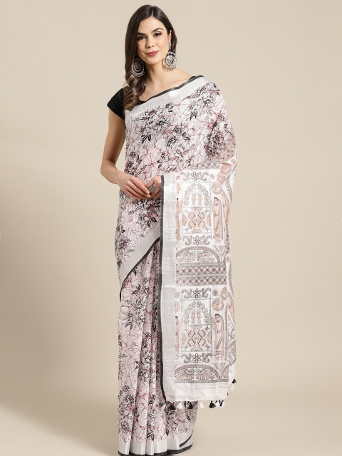 

Kalakari India Off-White & Maroon Linen Blend Printed Bhagalpuri Handloom Saree