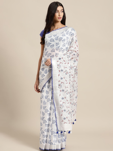 

Kalakari India White & Blue Linen Blend Handloom Printed Bhagalpuri Saree