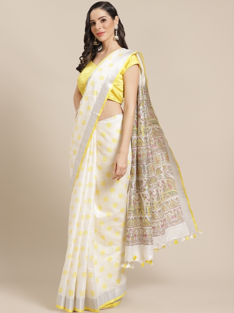 

Kalakari India Off-White & Yellow Printed Bhagalpuri Handloom Saree