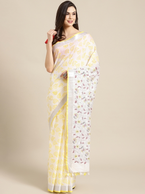 

Kalakari India Off-White & Yellow Printed Bhagalpuri Handloom Saree