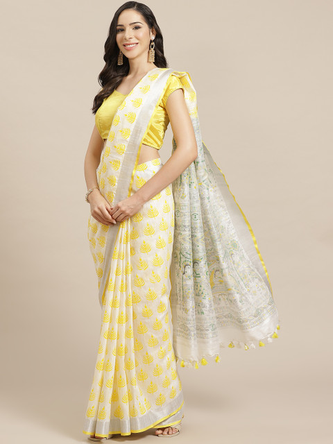 

Kalakari India Off-White & Yellow Kalamkari Print Handloom Bhagalpuri Saree