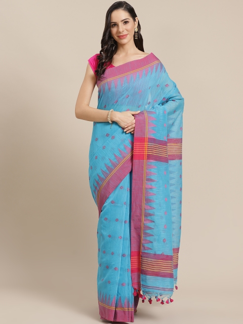 

Kalakari India Blue & Pink Silk Cotton Woven Design Ikat Saree