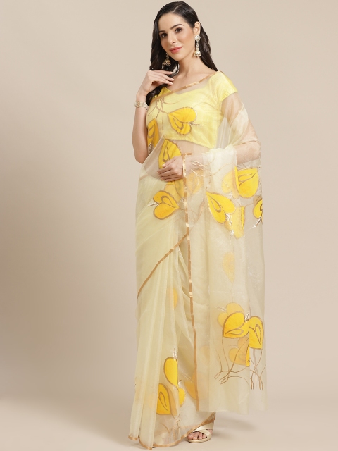 

Kalakari India Yellow & Golden Organza Printed Bagru Handloom Saree