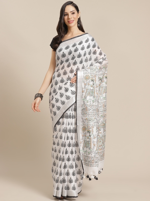 

Kalakari India White & Black Printed Bhagalpuri Handloom Saree
