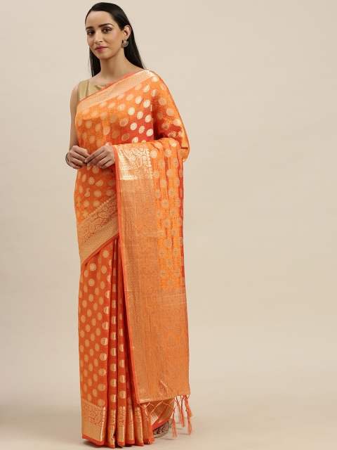 

Mitera Orange & Gold-Toned Pure Silk Woven Design Kanjeevaram Saree