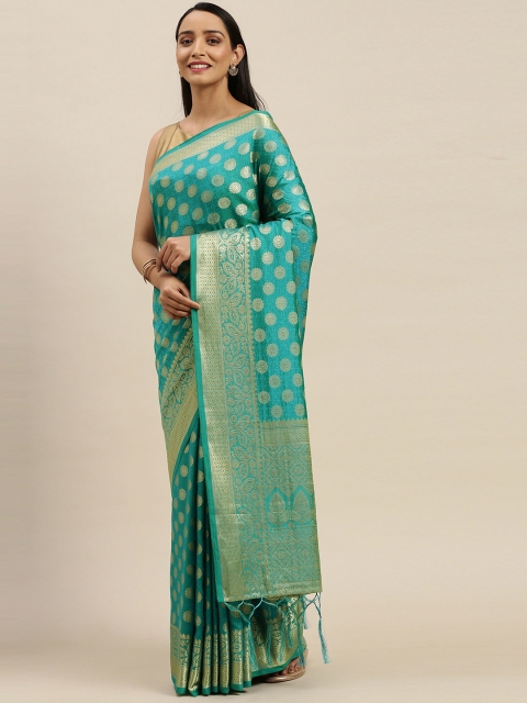 

Mitera Green & Gold-Toned Pure Silk Woven Design Kanjeevaram Saree