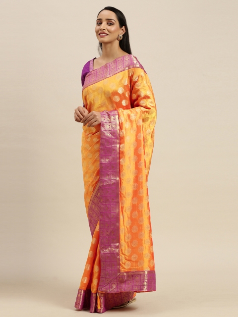 

Mitera Mustard & Gold-Toned Pure Silk Woven Design Kanjeevaram Saree