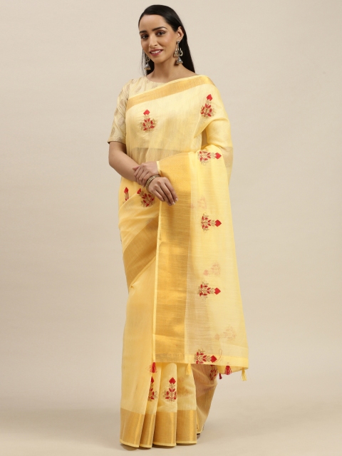 

Mitera Yellow Embroidered Linen Blend Saree