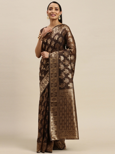 

Mitera Brown & Gold-Toned Silk Blend Woven Design Kanjeevaram Saree