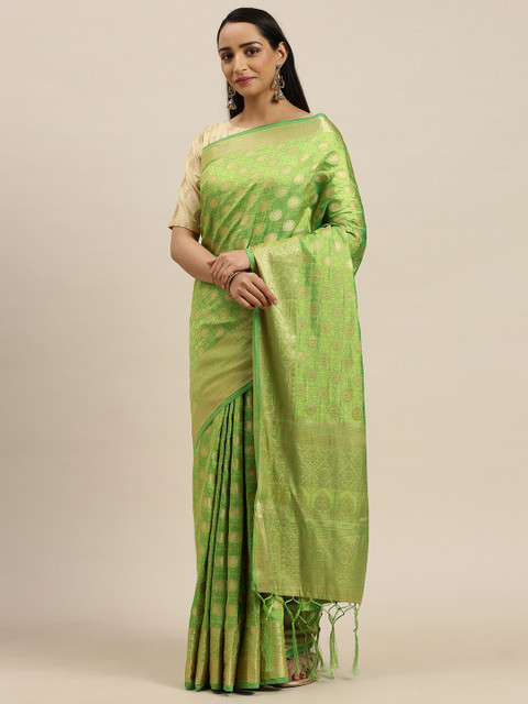 

Mitera Green & Gold-Toned Pure Silk Woven Design Kanjeevaram Saree