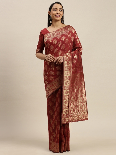 

Mitera Maroon & Gold-Coloured Woven Design Kanjeevaram Saree