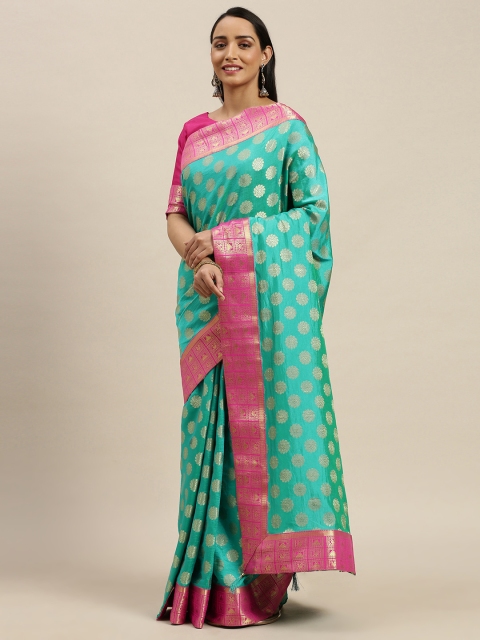 

Mitera Teal Green & Gold-Coloured Pure Silk Woven Design Kanjeevaram Saree