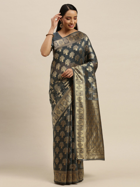 

Mitera Grey & Gold-Toned Woven Design Kanjeevaram Saree