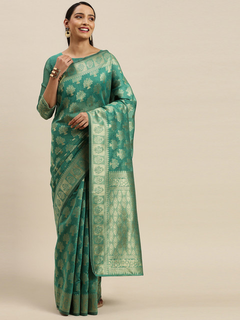 

Mitera Teal Green & Gold-Coloured Woven Design Kanjeevaram Saree