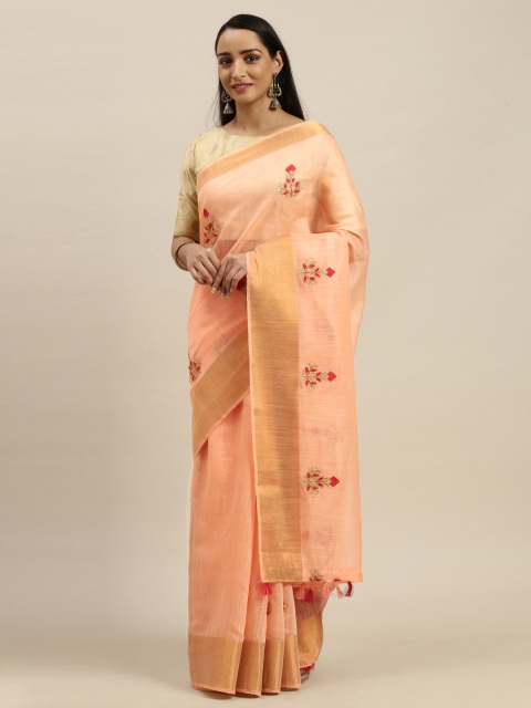 

Mitera Pink Embroidered Linen Blend Saree