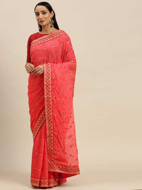 

Mitera Pink & Red Poly Chiffon Embroidered Chanderi Saree